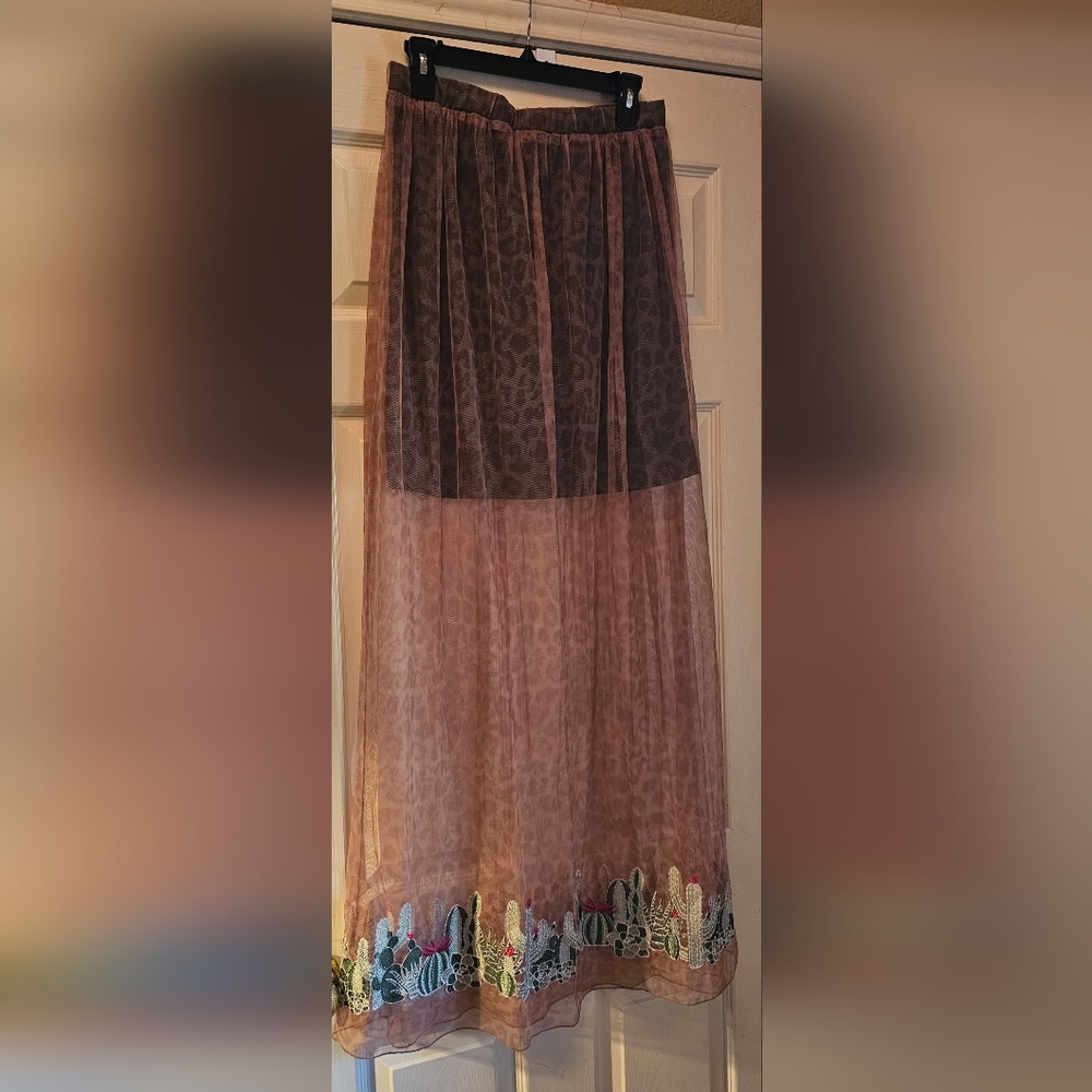 L&B Sheer Leopard Maxi Skirt in Dusty Pink with Embroidered Hem